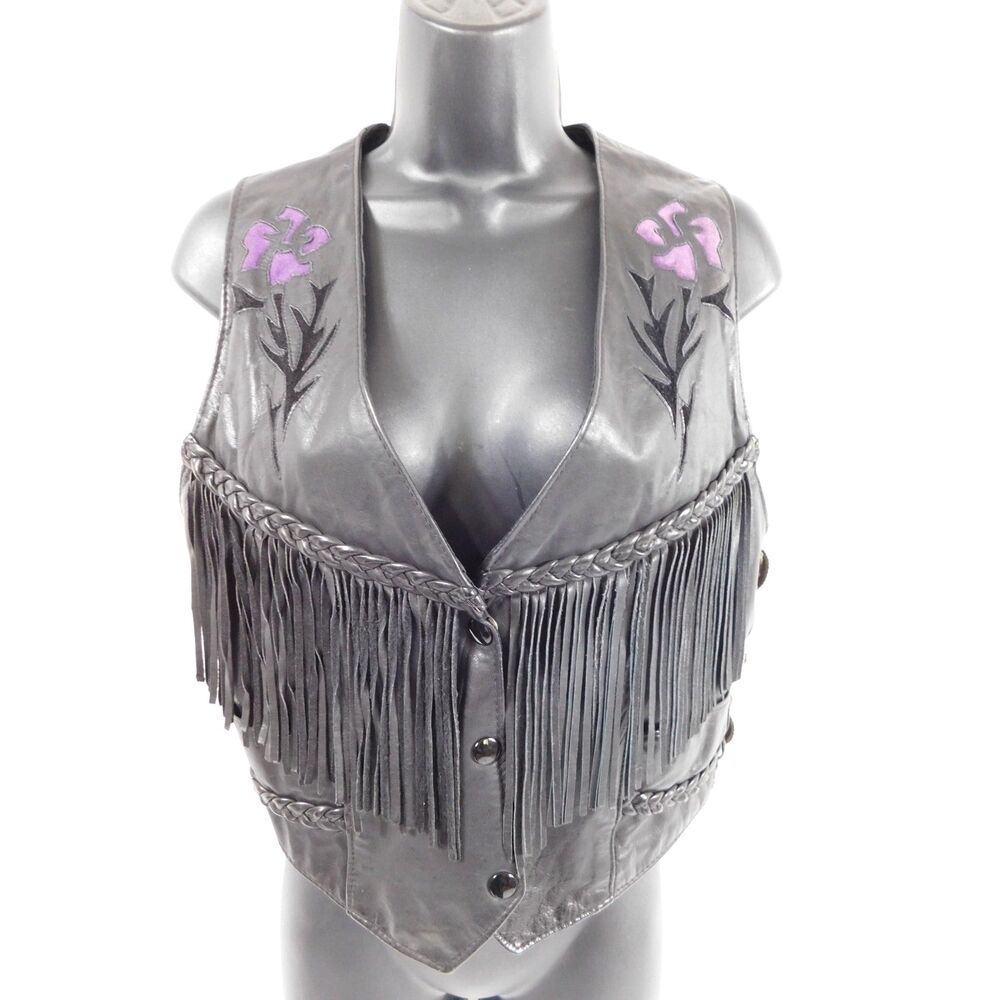 Vintage Dallas Premium Leather Black Fringe Vest With Rose Cutout Detail SZ 10